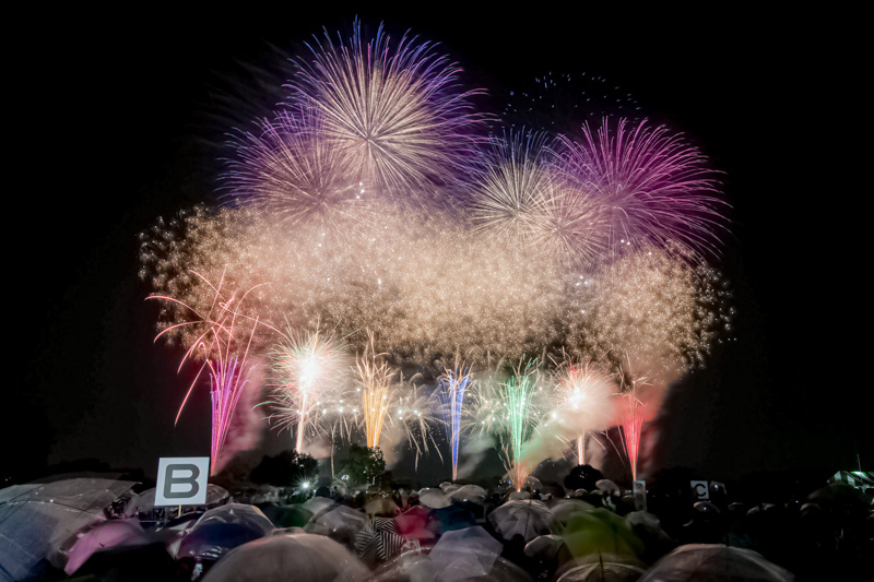 0137雨が降る中夜空に輝く花火